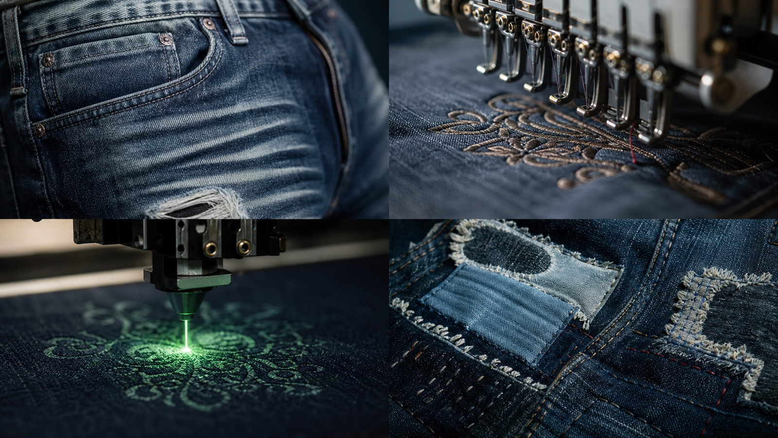 Denim washing, embroidery, laser engraving and patchwork craftsmanship